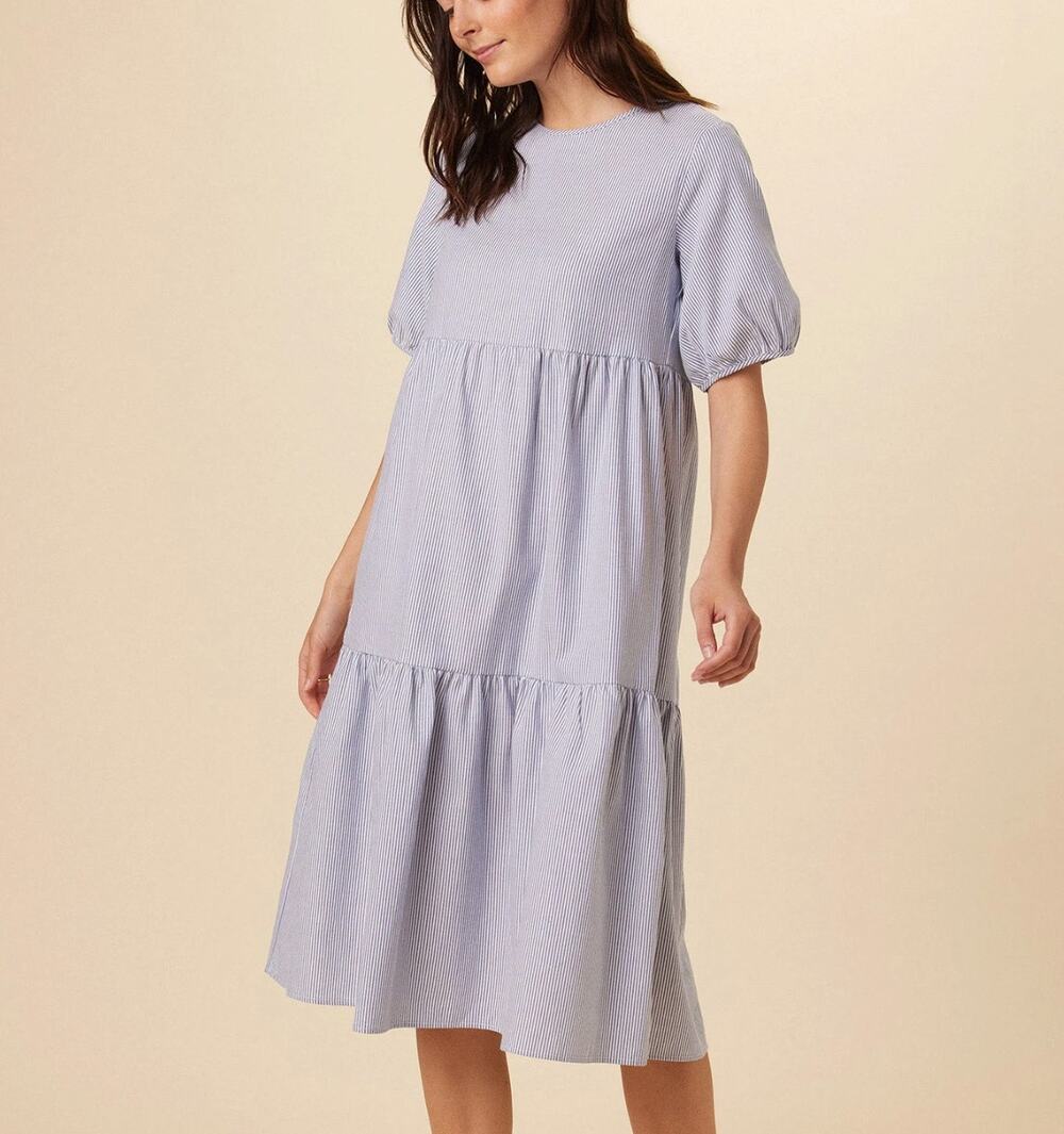 Amour Vert Size Large NEW Adele Dress Shift Navy Stripe Tiered Short Sleeve Midi